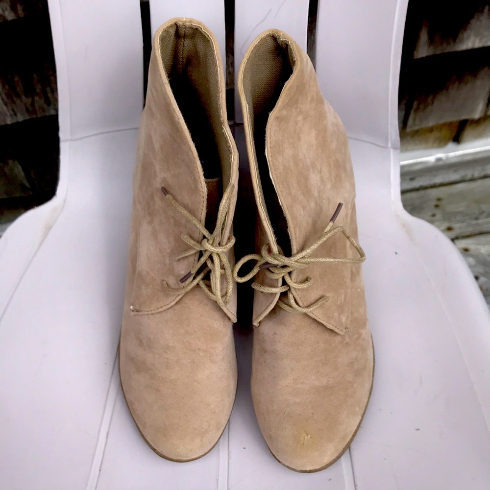 These are tan suede shoe boots